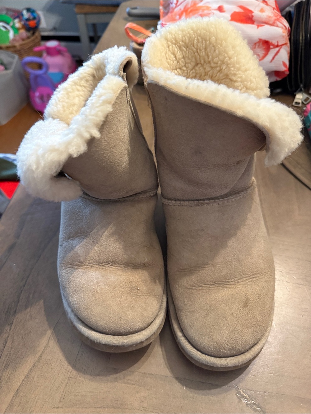 UGG Women’s Suede Ankle Booties in Light Taupe with Cream Shearling
